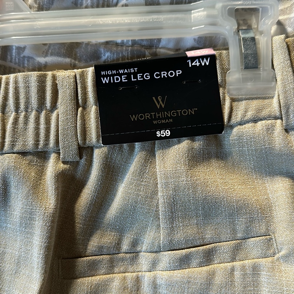 Worthington pants faux linen 14W sesame wide leg  inseam 22"  New